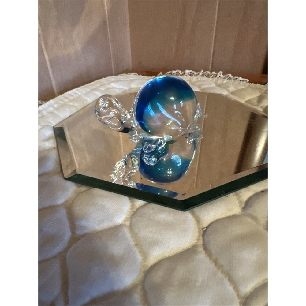 Hand Blown Art Glass Smiling Sea Turtle Paperweight Clear Turquoise Blue